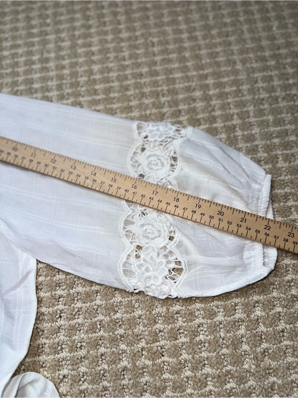 Chico's White Tie-Neck Peasant Blouse with Crochet Sleeves - Picture 9 of 9